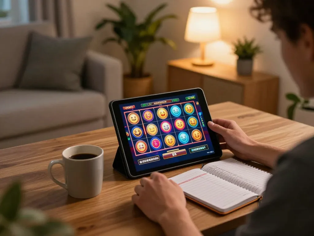 Player enjoying the OXBET slot game on a tablet in a cozy home setting with strategic notes