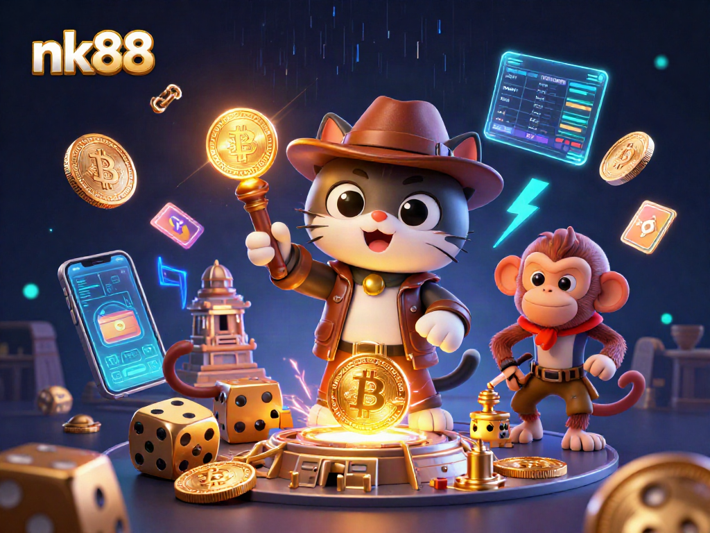 Engage with nk88 in an exciting 3D casino-themed adventure featuring an explorer cat discovering treasures.