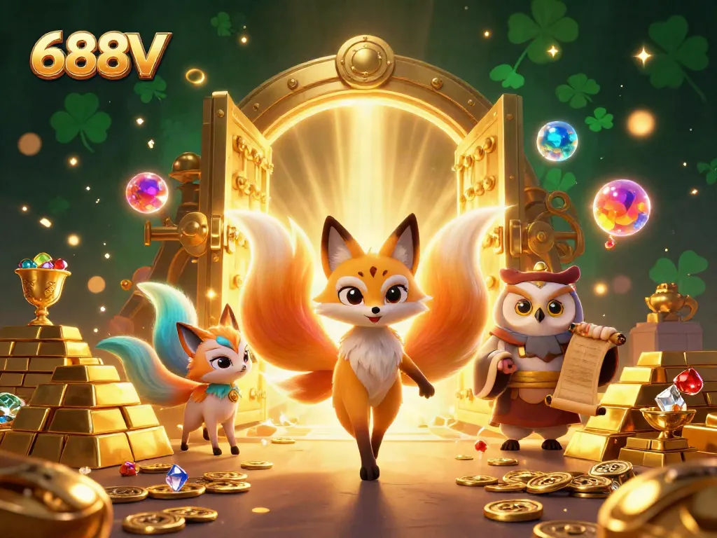 Engage with the vibrant world of 688V's online casino through enchanting 3D characters and dazzling treasures.