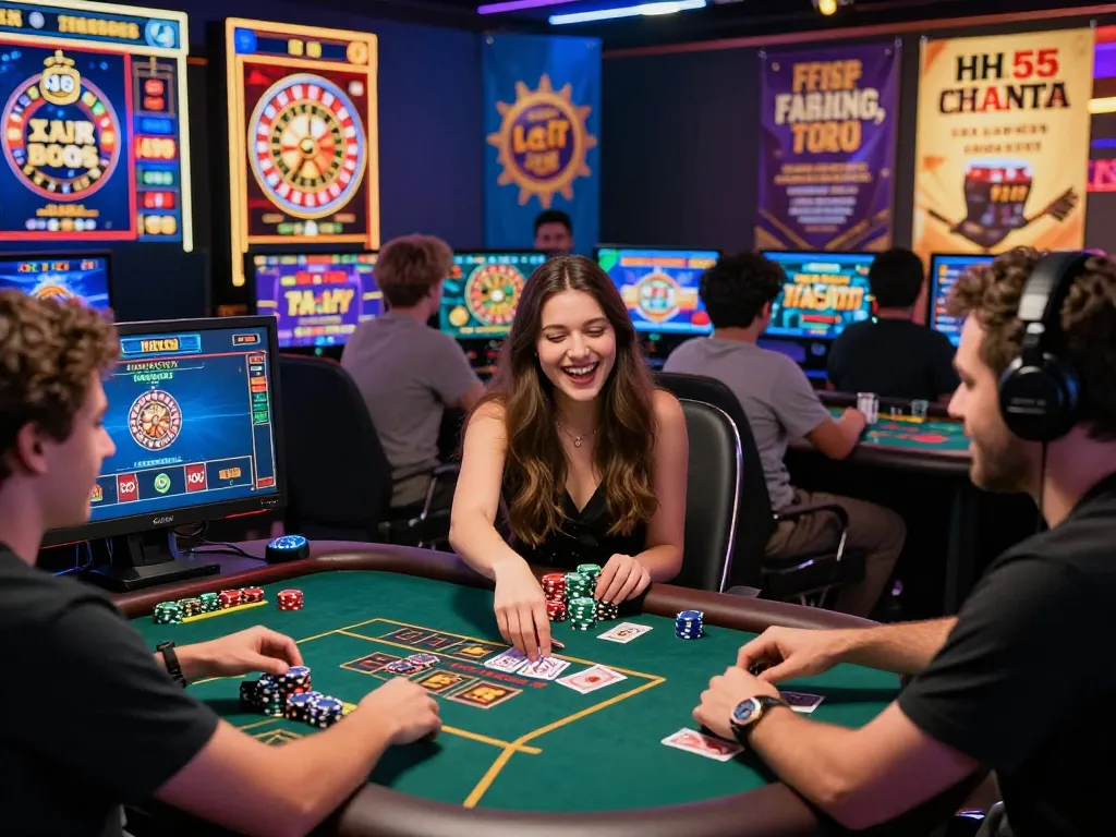 Engaged players enjoying games at HH55's vibrant online casino platform, showcasing excitement and community.