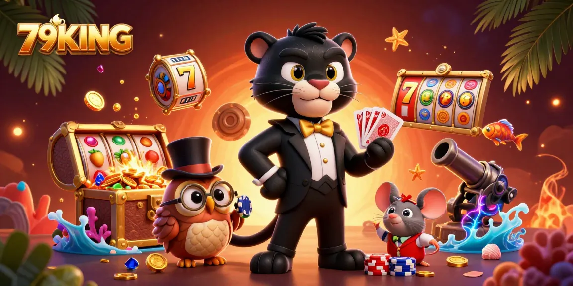 Engage with 79KING's lively casino scene featuring characters dealing cards and floating slots.