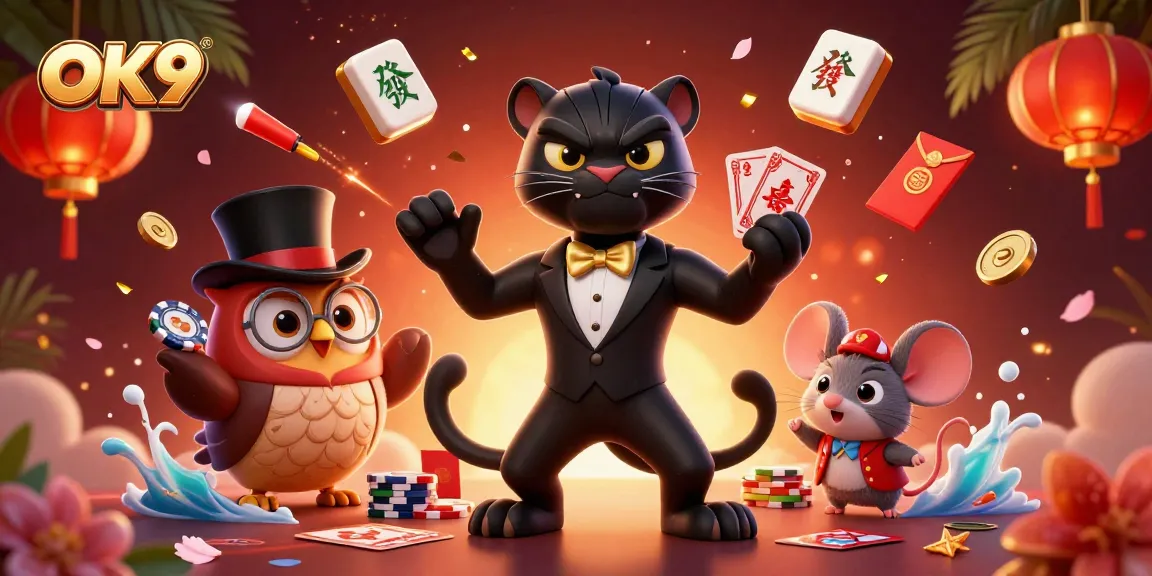 Engage with OK9's thrilling casino experience, featuring stylish characters, cards, and vibrant elements.
