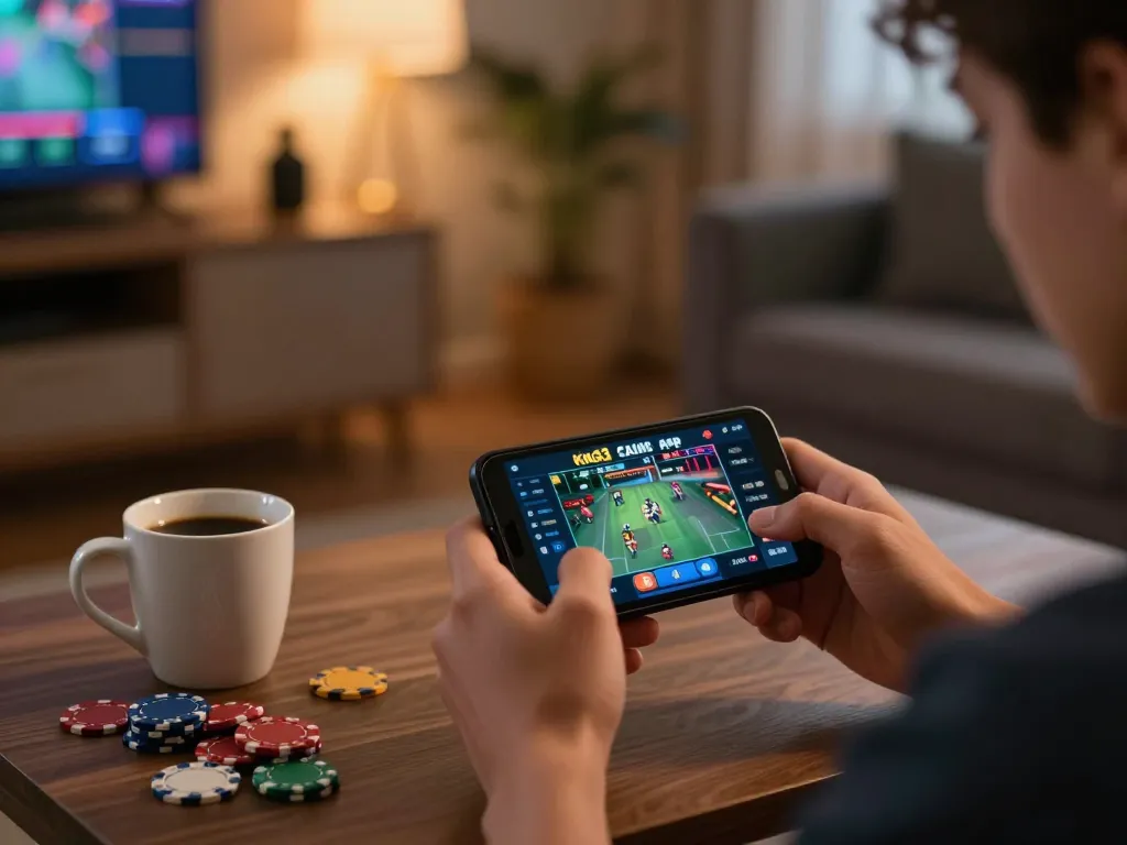 Engaging gameplay experience at king33 casino app on a smartphone in a cozy setting.