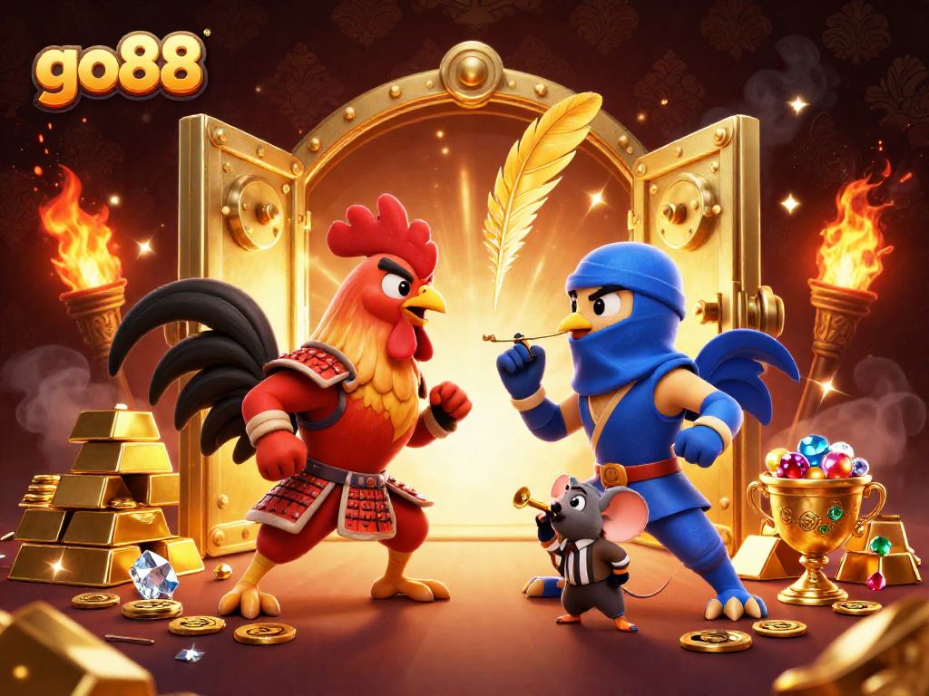Experience the go88 excitement with twin roosters in a dramatic casino showdown, surrounded by treasures.