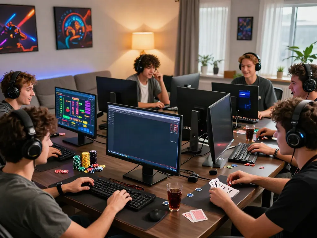 Excited players engaging with the GEM88 platform in a lively gaming setting, showcasing dynamic online casino experiences.