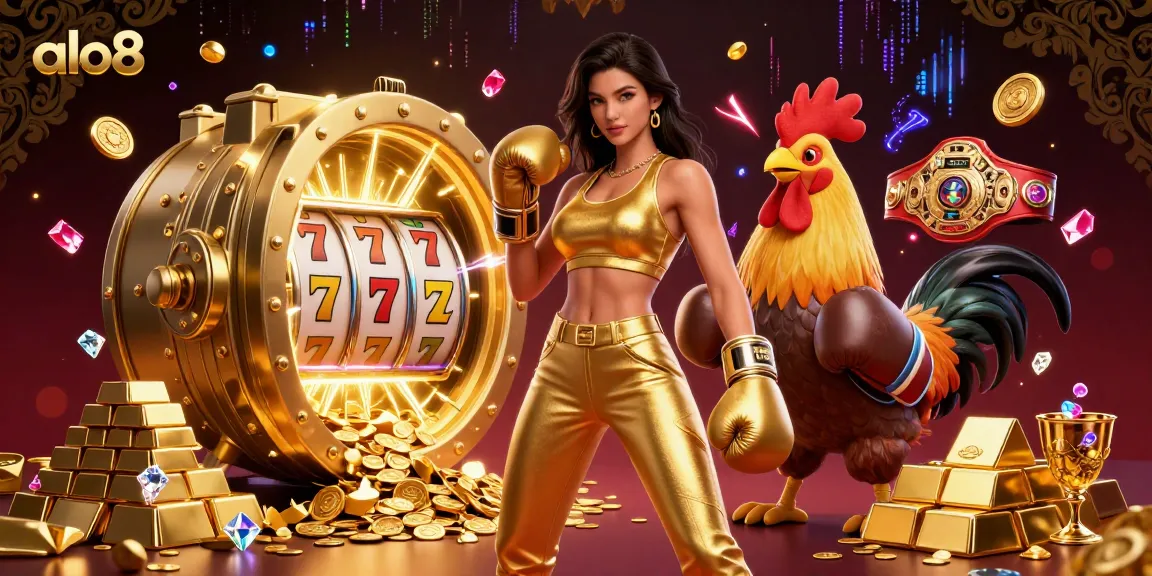 Engage with the thrilling slot games of alo8, featuring vibrant reels and dynamic visuals in an energetic casino illustration.
