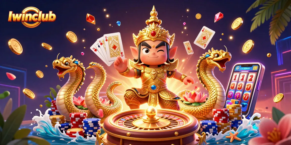 Iwinclub showcases a vibrant cartoon casino scene with friendly guardians and dynamic game elements.