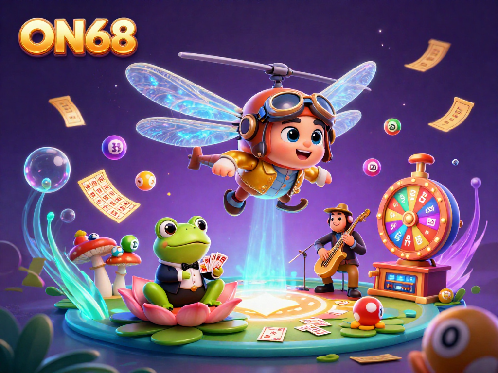 ON68 entertains with vibrant 3D imagery of a dragonfly pilot, frog dealer, and lively casino elements.