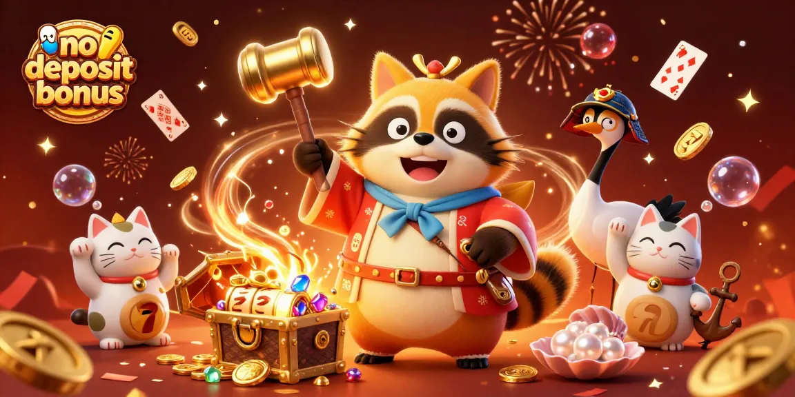 Experience thrilling no deposit bonus offers as cheerful tanuki and friends celebrate in a vibrant casino scene.