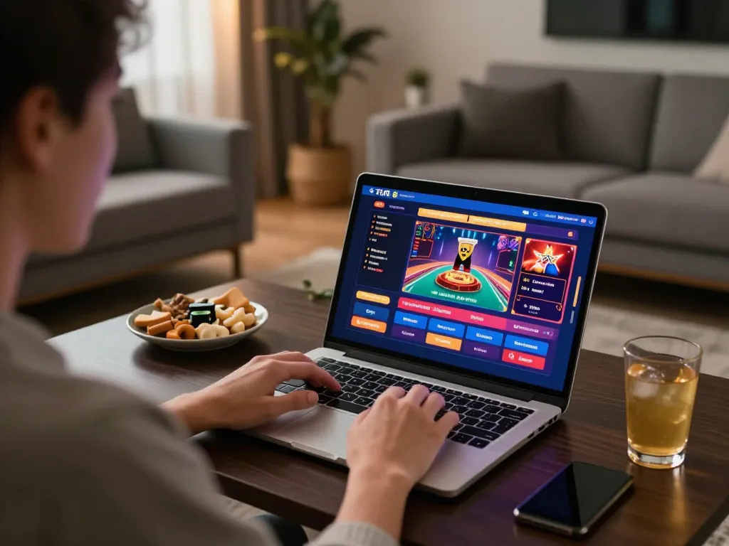 Engaging in online gaming at FIVE88, showcasing a laptop with vibrant casino interface and cozy home setting