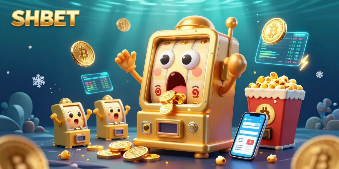 Engage with SHBET's vibrant casino scene as the joyful slot machine hits a jackpot, bursting with coins and excitement.