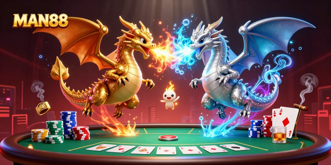 Experience exciting gameplay with MAN88 as twin dragons breathe fire and ice amidst poker chips.