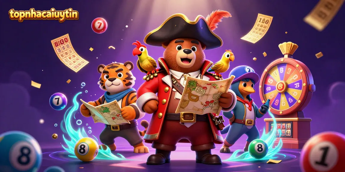 topnhacaiuytin showcases a vibrant casino scene with a treasure map and colorful elements.