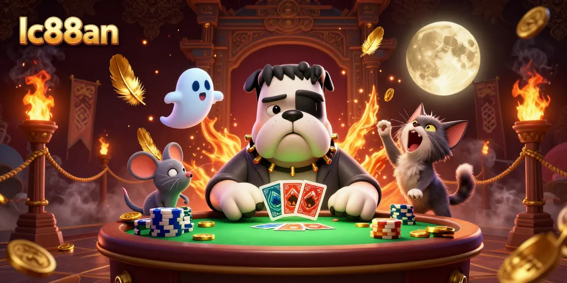 Engage in thrilling gaming with lc88an featuring a Frankenstein bulldog and ghost mouse at a casino table.