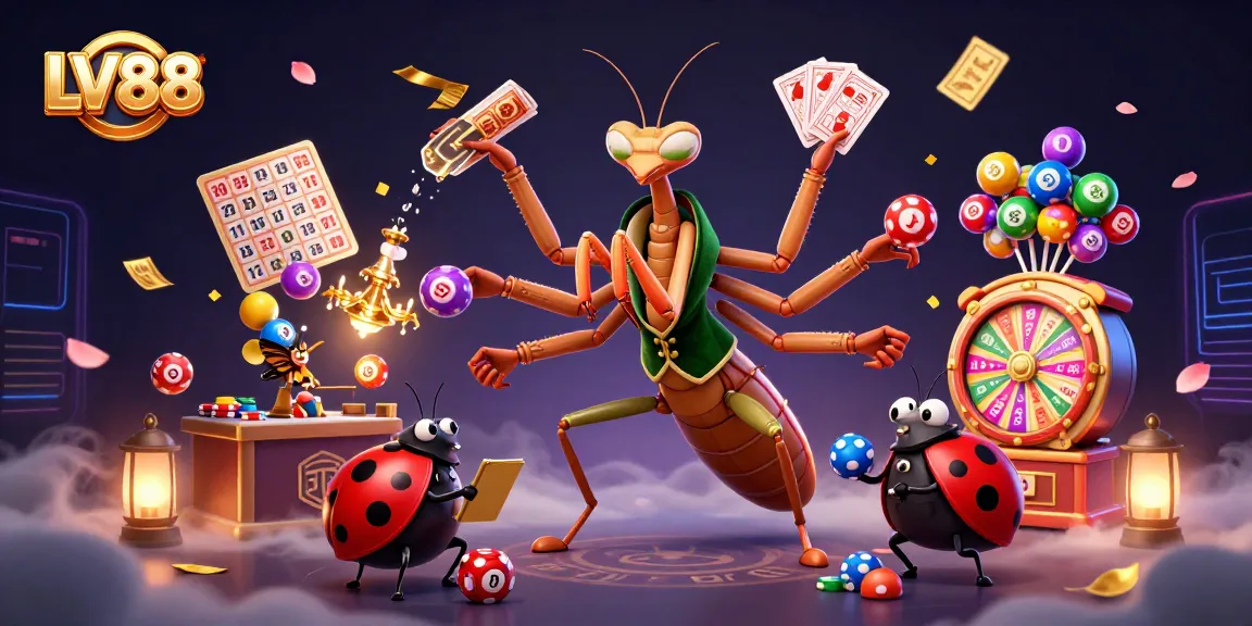 Experience the excitement of LV88 with this vibrant casino scene featuring a mantis card sharp and a ladybug pit boss.
