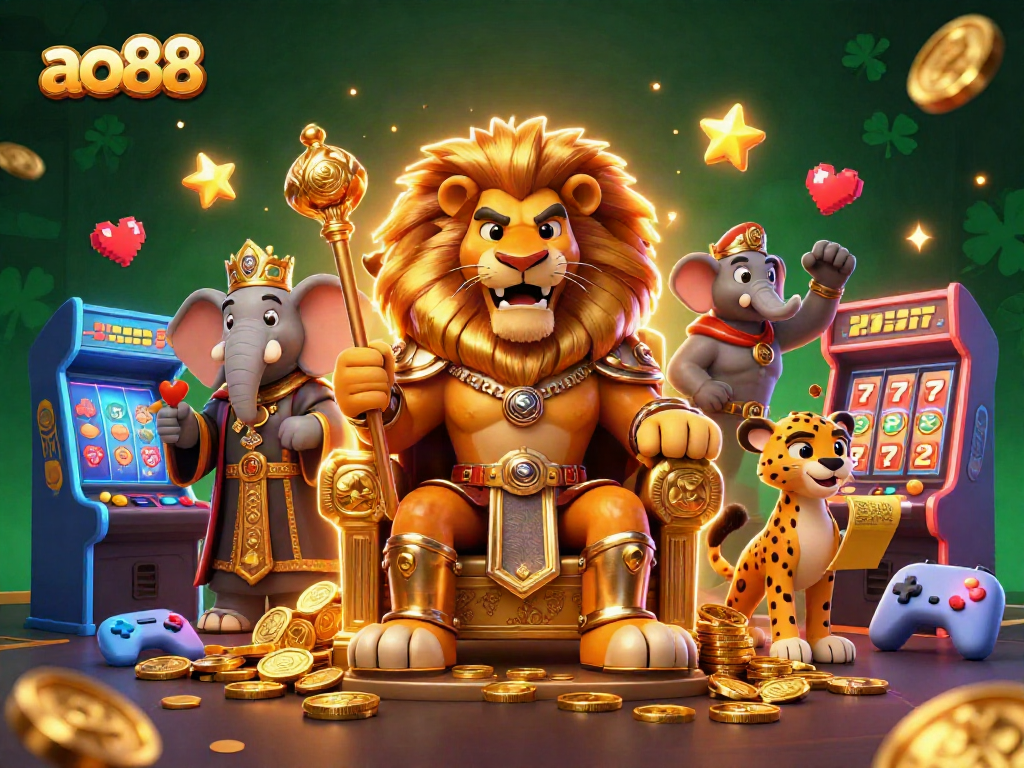 Experience thrilling casino action with the lion king at ao88, surrounded by slot reels and vibrant gaming elements.