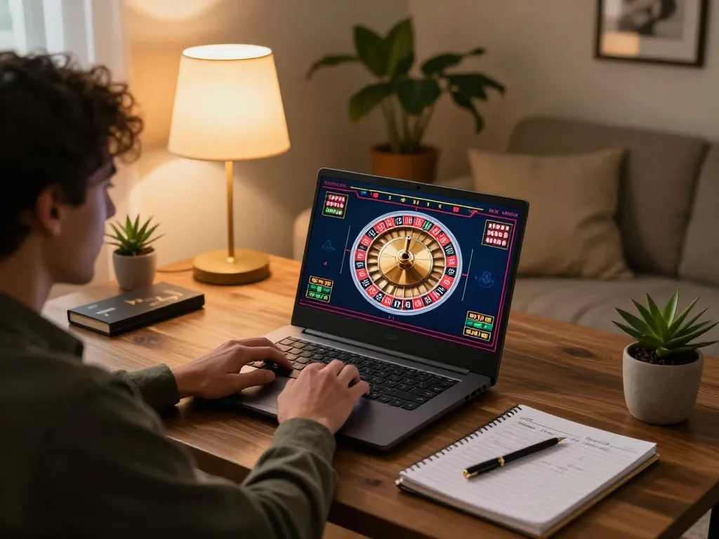 Engaged player at home enjoying online gameplay at nhà cái VIC88 with live dealer roulette.