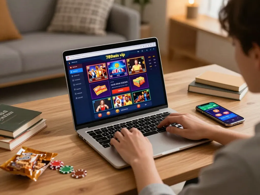 Player engaging with 789win vip casino games on a laptop at home, illustrating online gaming excitement.