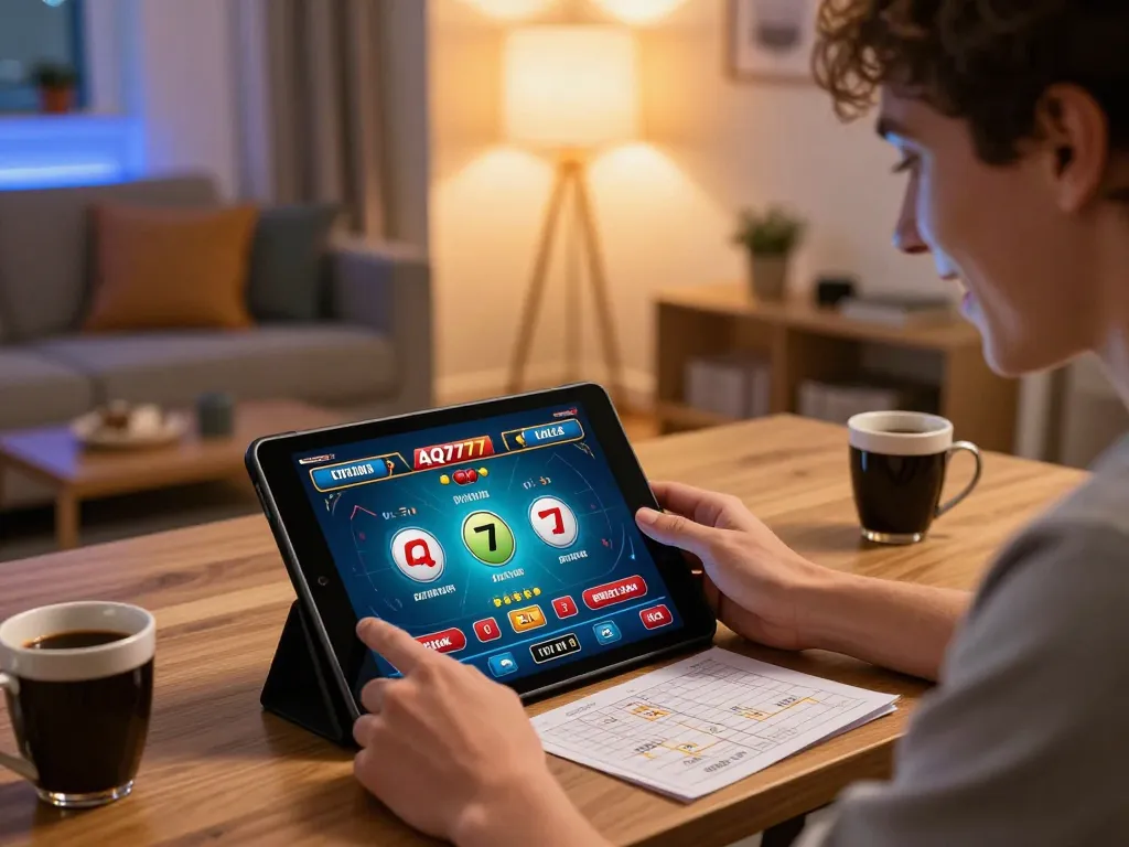 Jogador AQ777 desfrutando de uma sessão de jogo com dealer ao vivo em casa com um tablet e anotações de estratégia.