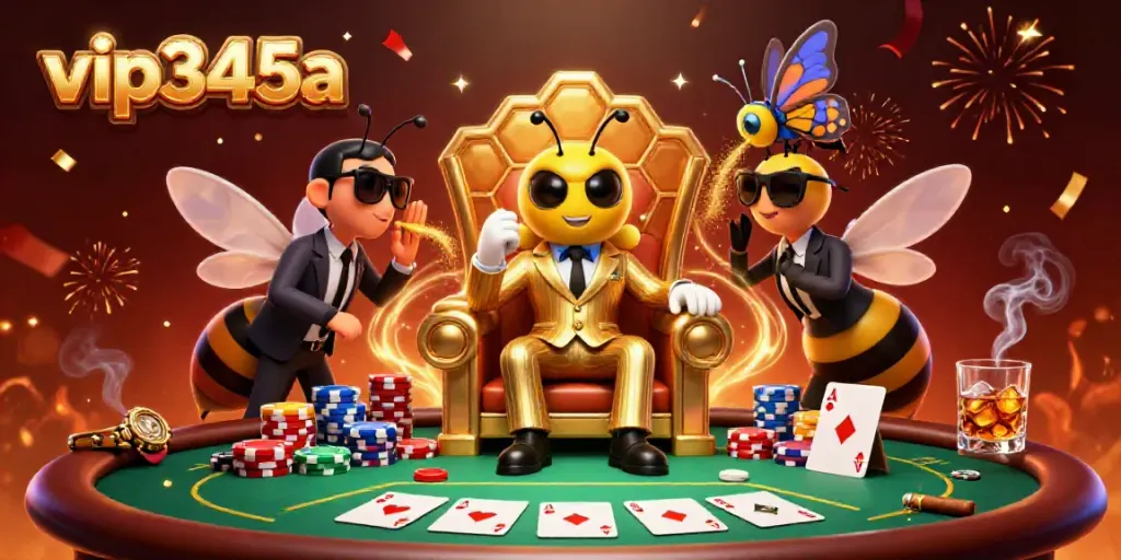 Engage with the thrilling action of vip345a as a cartoon bumblebee mob boss rules the poker table surrounded by lavish casino elements.