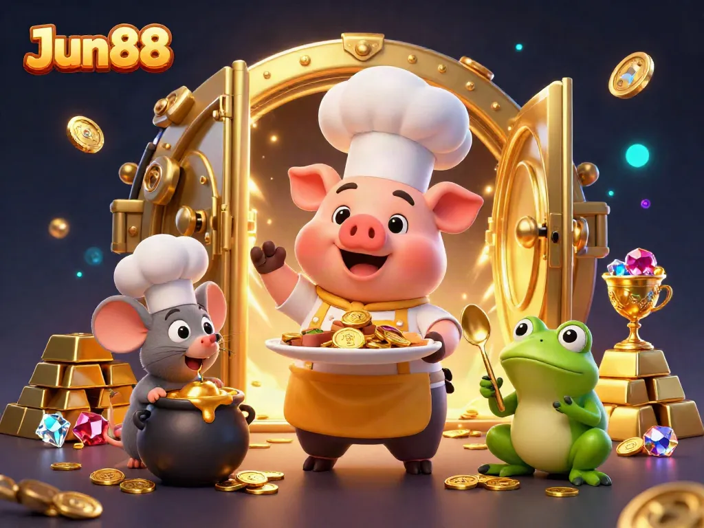 Celebrate your wins at Jun88 with a lavish 3D illustration depicting a fun casino scene full of gold and excitement.