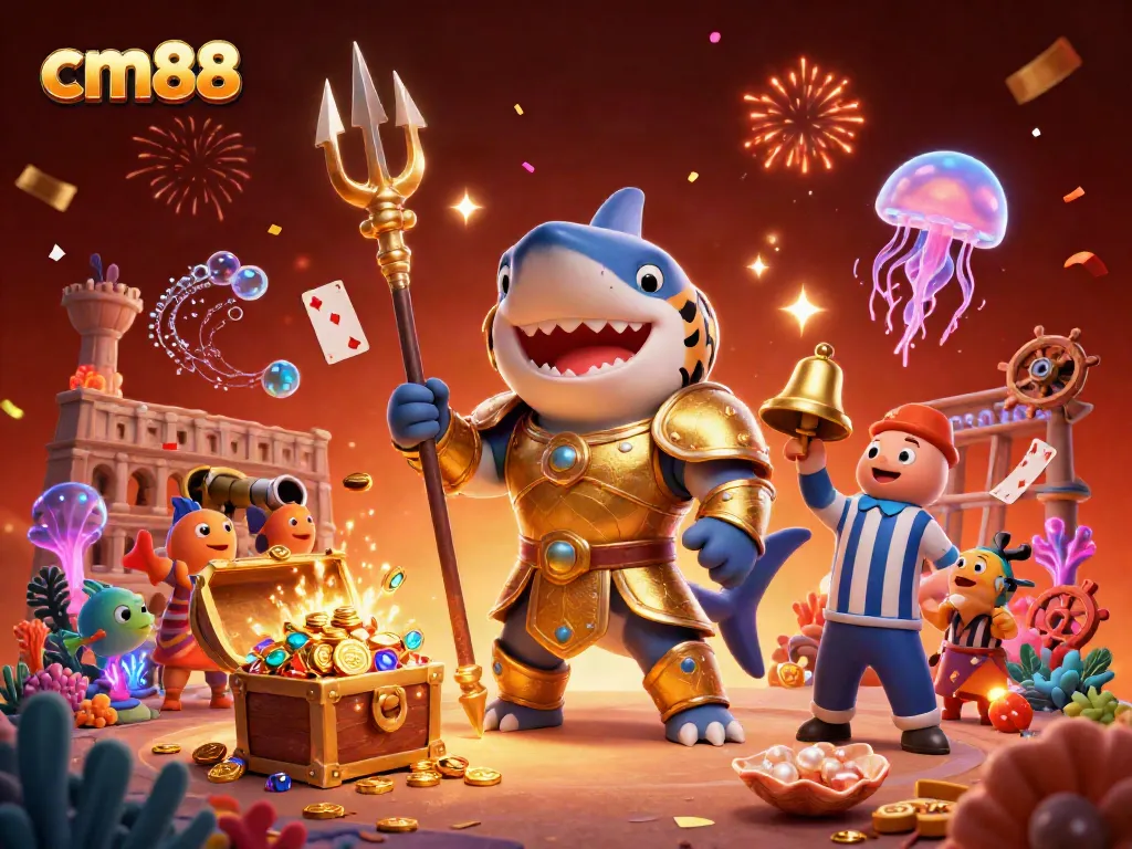 Experience fun gaming adventures with cm88's underwater world featuring a tiger shark in gladiator armor.