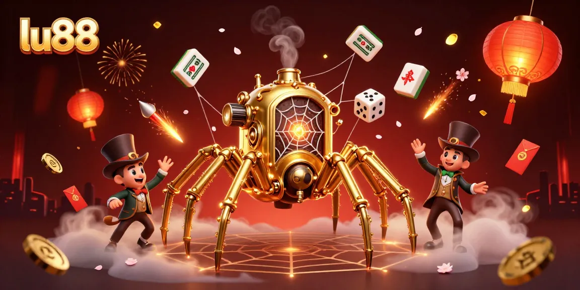 Experience thrilling gameplay with LU88 in a vibrant casino scene; a steampunk spider catching dice.