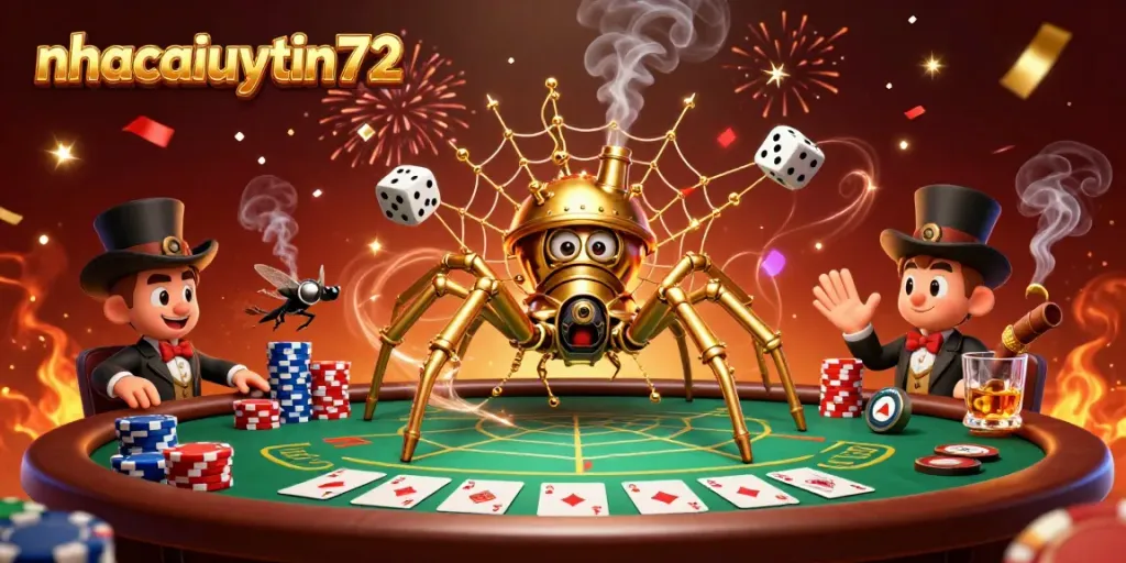 Engage with captivating gaming action featuring a golden spider web by nhacaiuytin72, surrounded by dazzling poker chips.