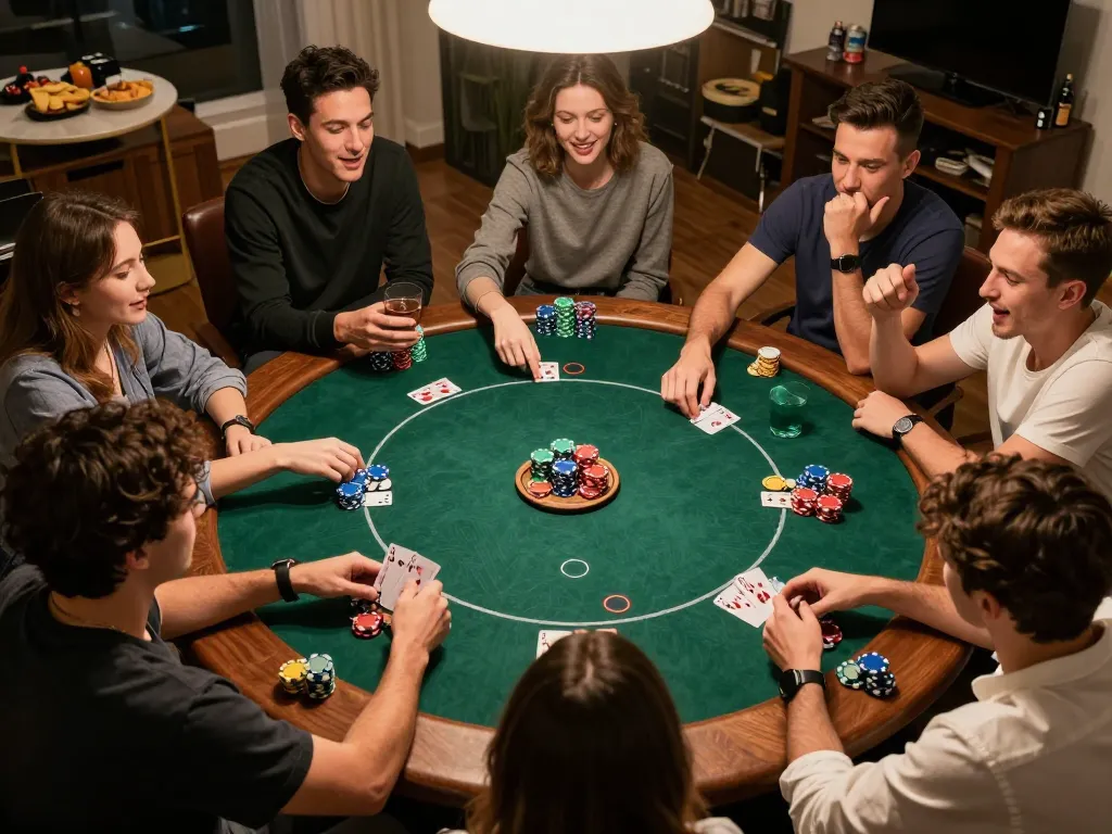 UU88 players enjoying a lively poker night, revealing a winning hand with chips stacked on the table.