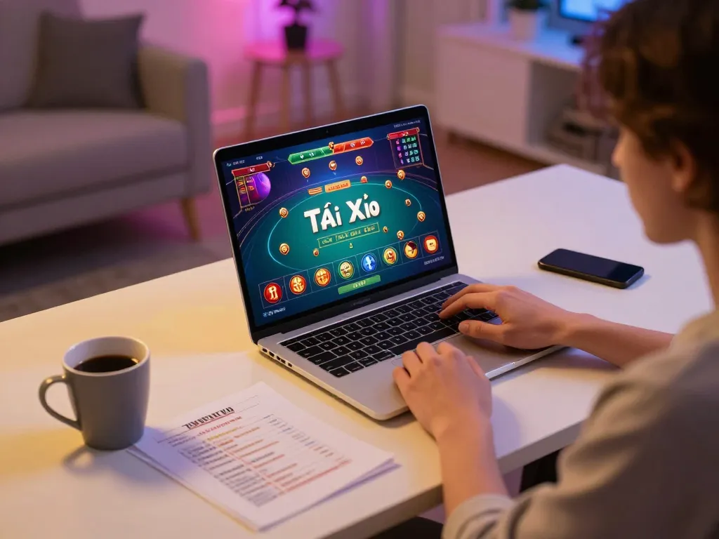 Tài Xỉu online gameplay on a laptop, showcasing strategic betting in a cozy home setting