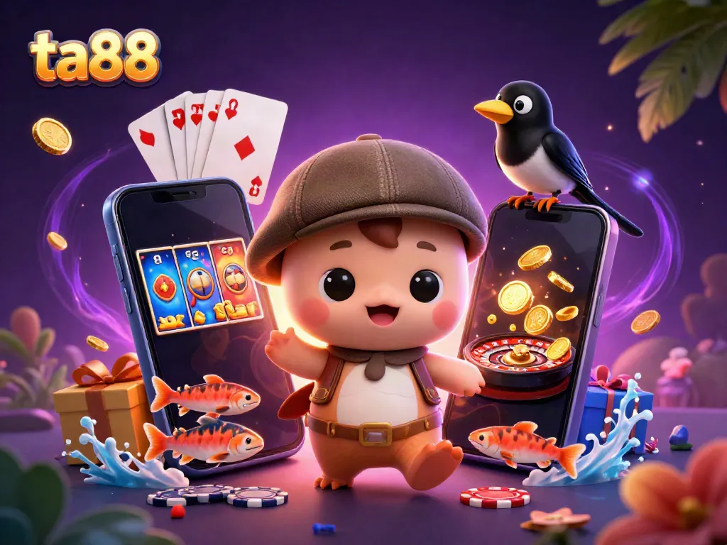 Engage with exciting ta88 slots gameplay featuring Nessie and friends amidst flying coins and vibrant casino elements.