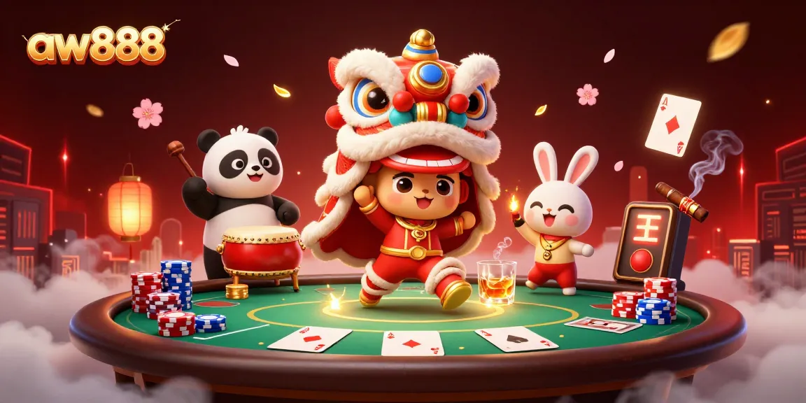 Experience the thrilling aw888 casino environment with a lion dance, poker elements, and lucky decorations.