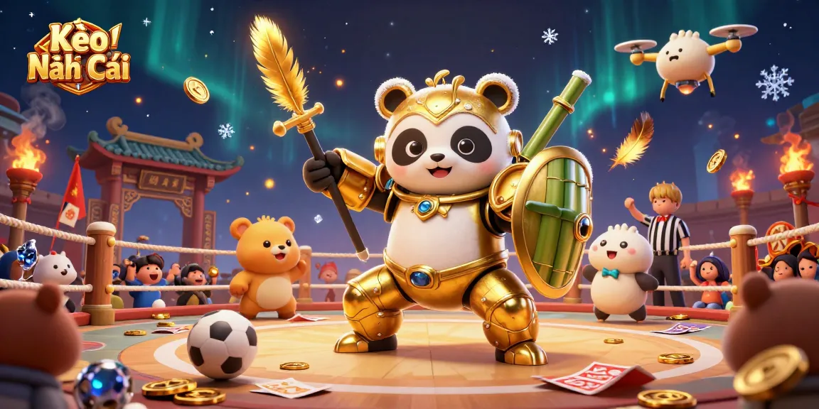 Engage with Kèo Nhà Cái in this vibrant 3D illustration showcasing an energetic sports betting arena filled with golden tokens and betting slips.