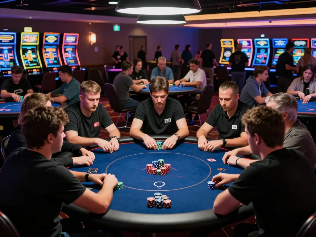 Players strategizing during an intense poker game at 399w casino, showcasing competitive spirit and camaraderie.