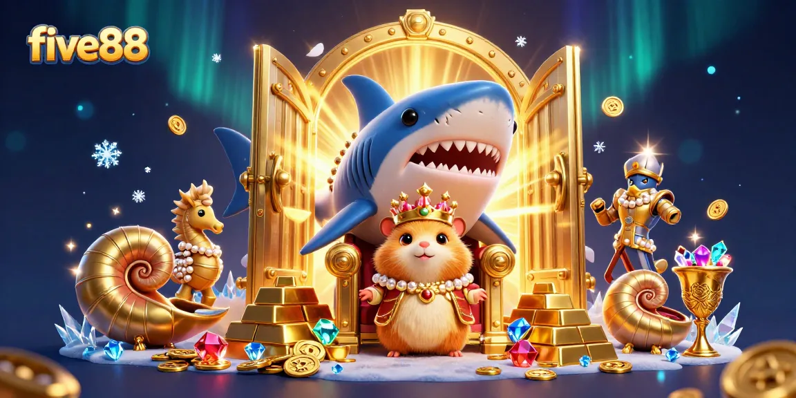 Experience the excitement of five88 with a golden hamster king and treasure in this dynamic casino illustration.