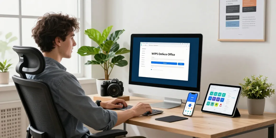 Download WPS Office on a sleek desktop workspace with gadgets promoting productivity.
