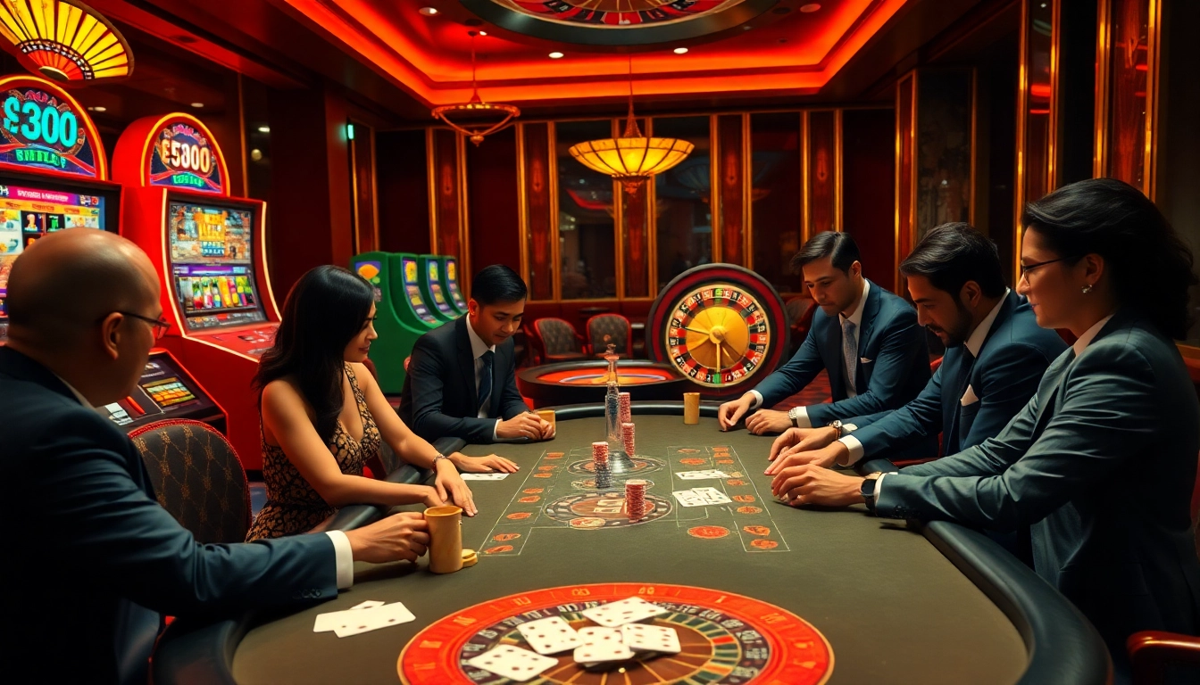Experience F8BET excitement with players at a poker table surrounded by vibrant casino elements.