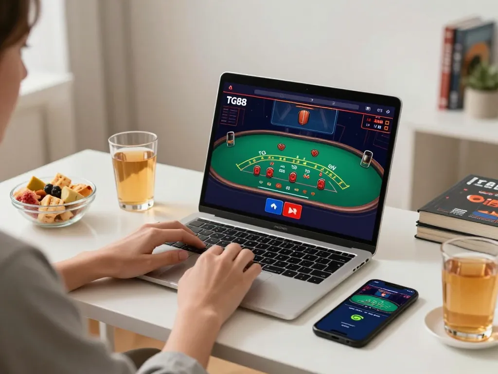 Engaging in live betting on TG88 from the comfort of home using a laptop and smartphone.