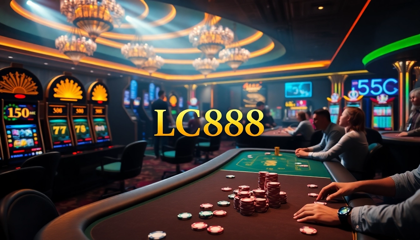 Exciting gambling scene featuring LC 88 logo amidst vibrant casino activities.