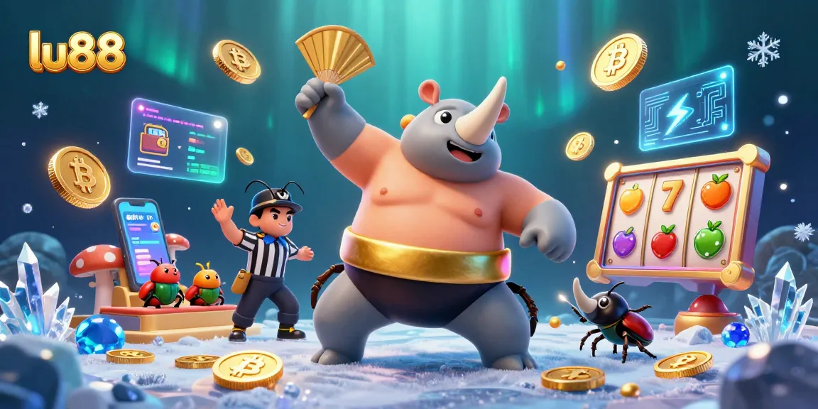 Experience thrilling wins at lu88 with a dynamic 3D casino illustration showcasing vibrant action and crypto elements.