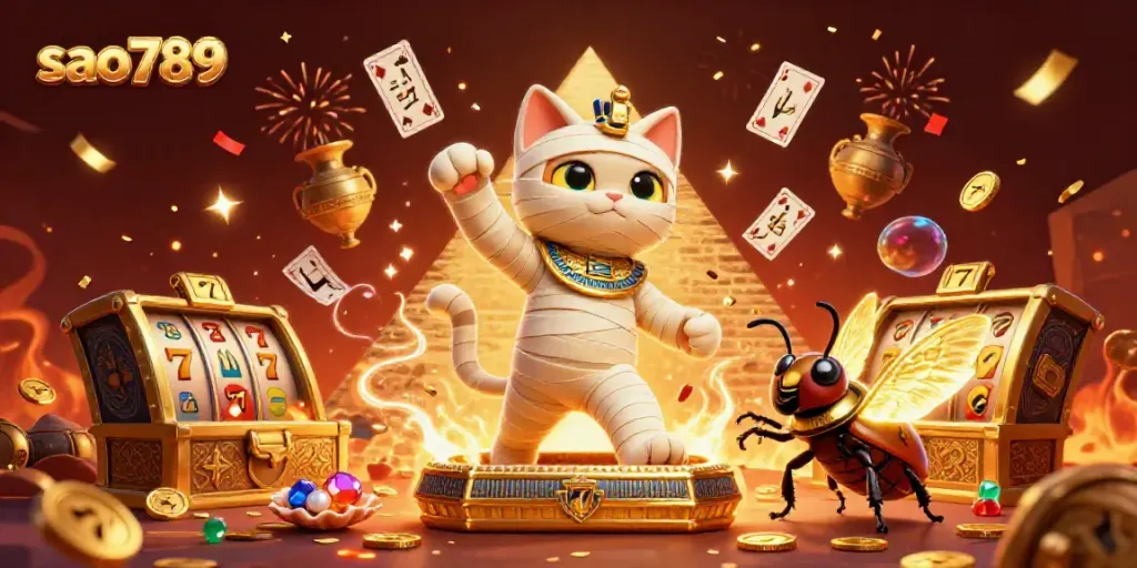 Experience the rich gaming adventure at sao789 with an Egyptian mummy cat and golden treasures bursting from a casino scene.