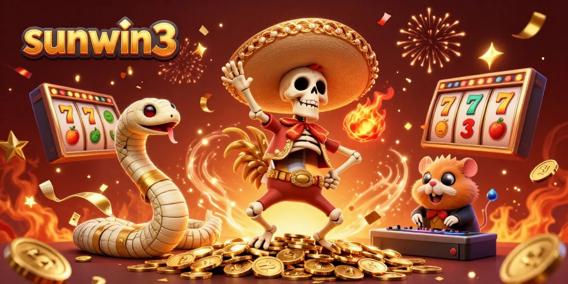 Celebrate with sunwin3 as a mariachi rooster dances atop coins, with exciting slot game elements around.
