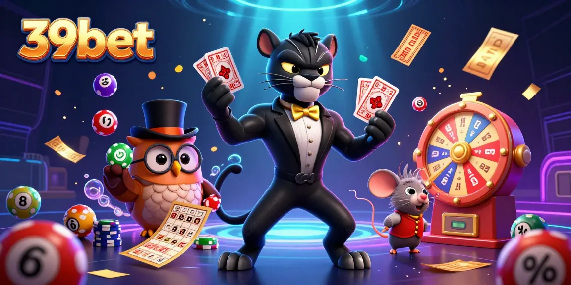 Engage in thrilling games at 39bet with a stylish panther dealer, vibrant lottery balls, and a fun atmosphere.