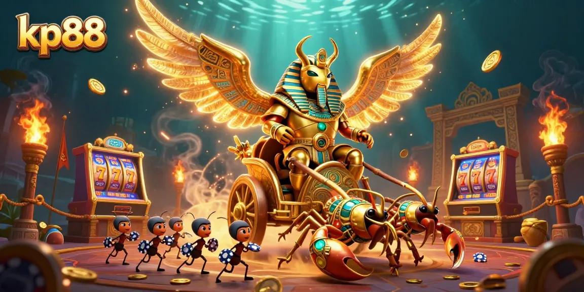 Engaging scene with kp88's colossal golden scarab beetle amidst a vibrant casino atmosphere.
