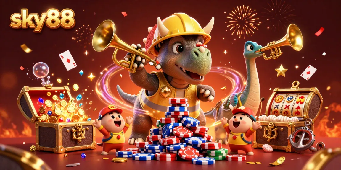 Sky88's captivating casino scene with colorful poker chips and festive elements creating an exciting atmosphere.