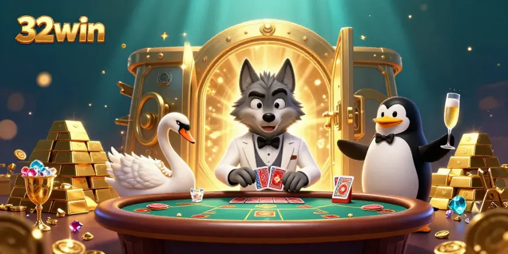 Experience the thrill of 32win with a charming casino scene featuring luxurious characters and gold treasures.