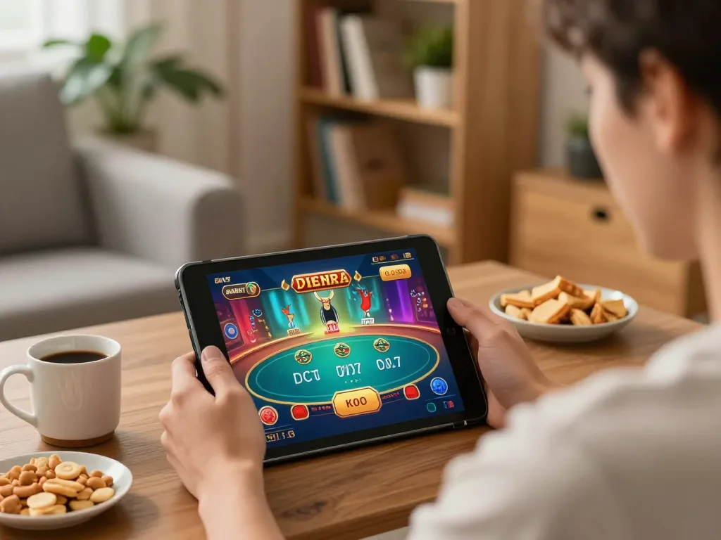 Engaging in online casino gaming on a tablet showcasing the 27G platform in a cozy living room