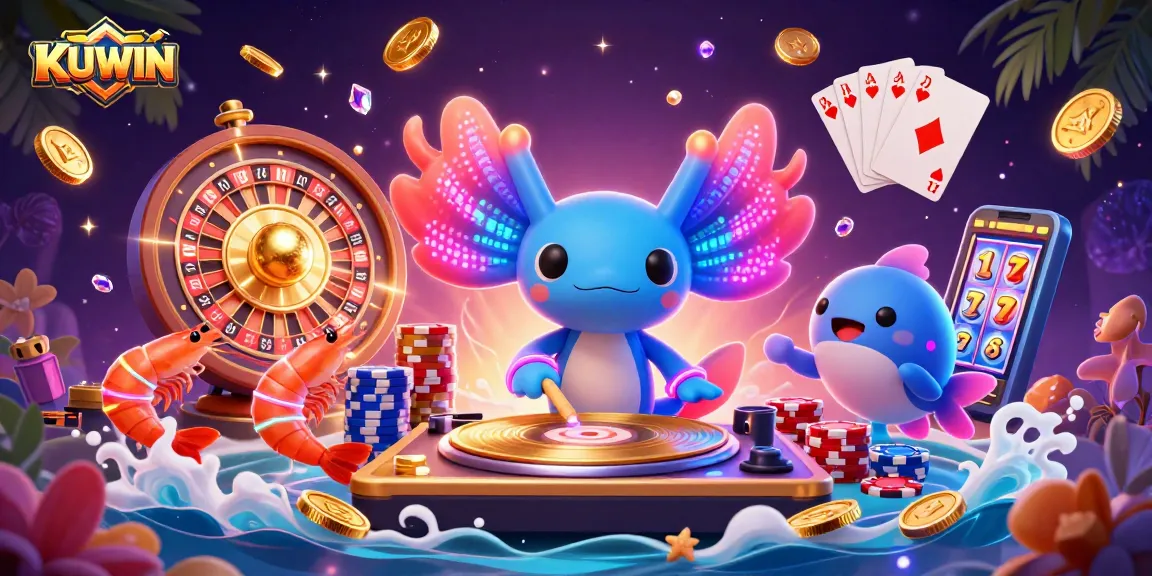 Experience the vibrant KUWIN casino scene with a neon axolotl DJ, dancing shrimp, and lively game elements.