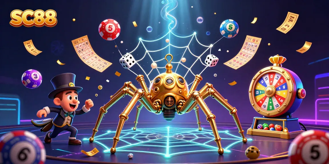 Experience thrilling gameplay at SC88 with a dynamic steampunk casino scene featuring a golden spider and vibrant lottery elements.