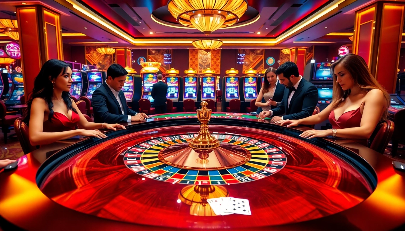Rikvip players engaging in high-stakes roulette and slot games in a luxurious casino atmosphere.
